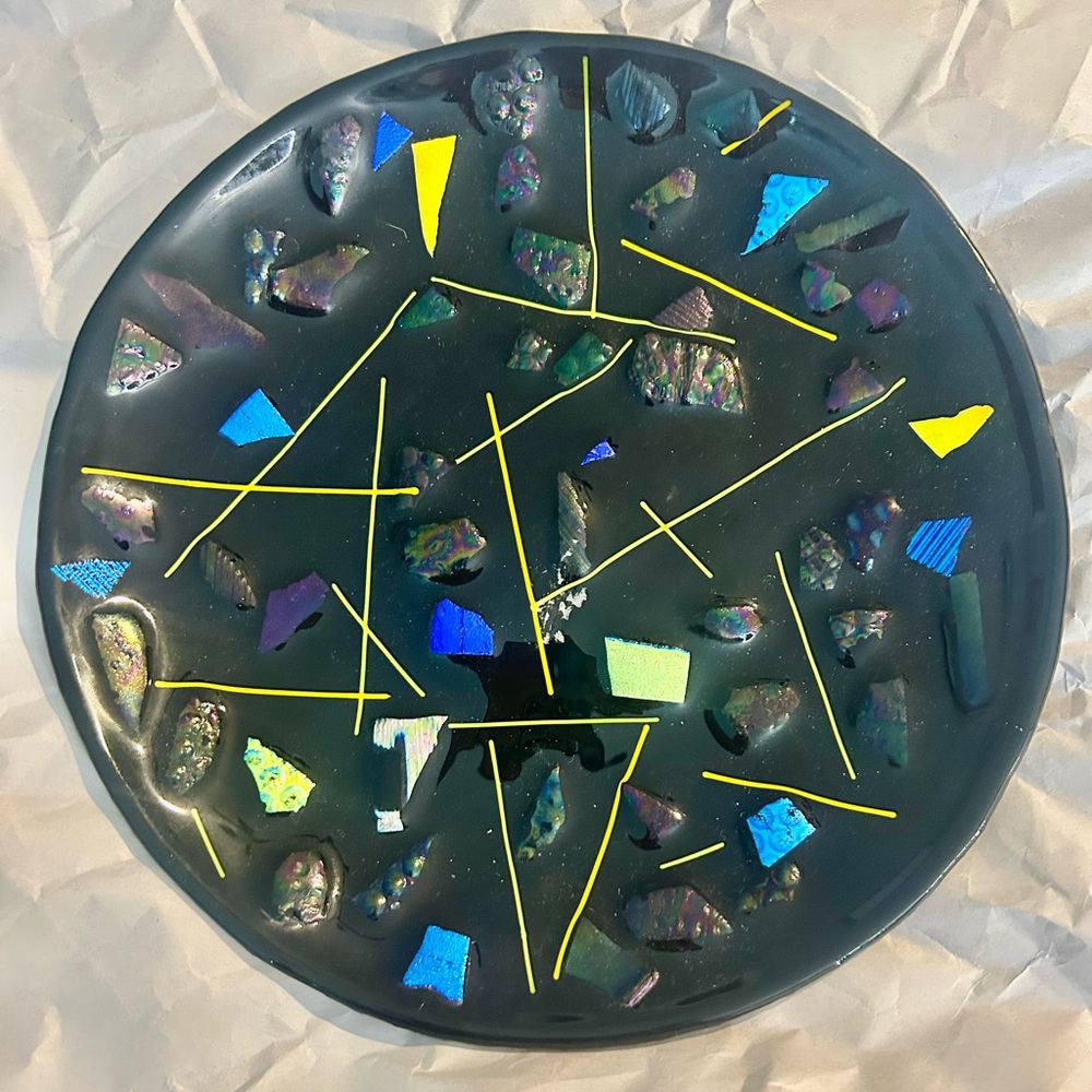 Fused Glass Dichroic Abstract Black Decorative Plate with Colorful Accents